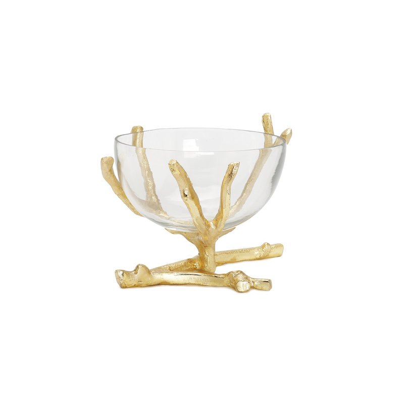 Bol moyen en verre avec branches dorées, H 5 po x l 10 po x P 10 po