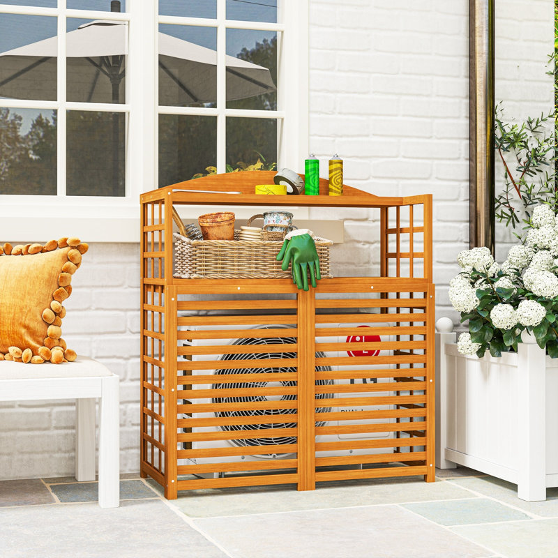 Wood Air Conditioner Privacy Fence Screen, Outdoor AC Unit Cover Enclosure with Plant Shelves, Multi-Functional Pool Equipment Storage Screen & Potting Bench for Patio Backyard, Light Brown