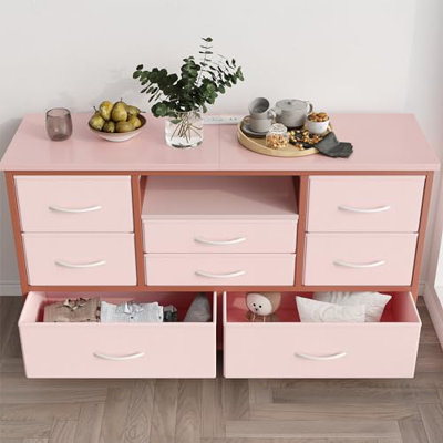 8 Drawer TV Stand for 55" TV, Wood Top Console Table with 22 Light Modes, Wide Storage Chest with Power Outlets for Bedroom, Living Room