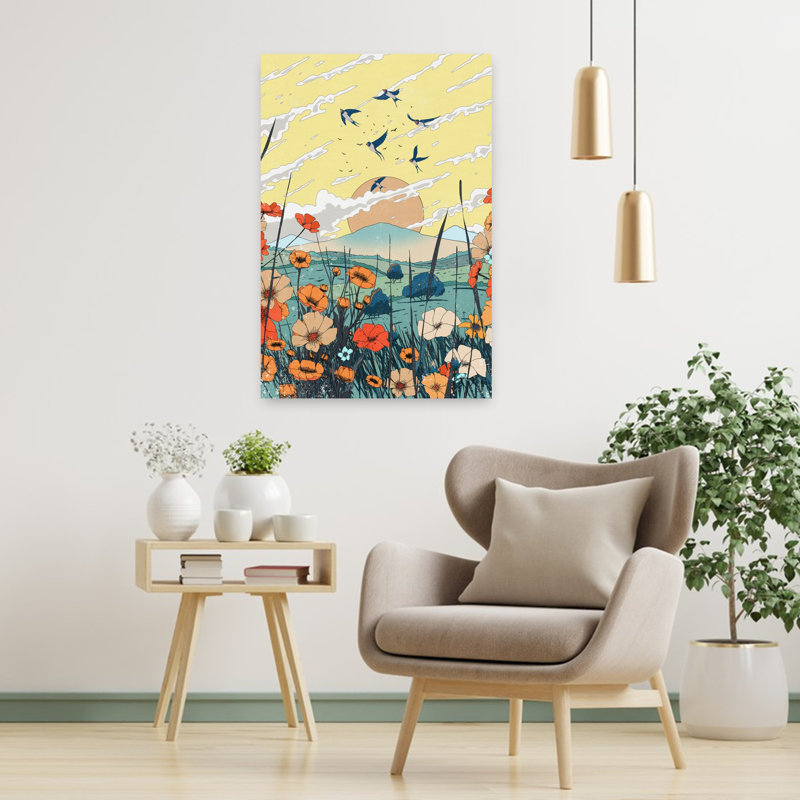 Contemporary Art Organic Peaceful Retro Daisy Poppy Landscape Nature Wall Art - Wrapped Canvas Print, 91.44cm H x 60.96cm W