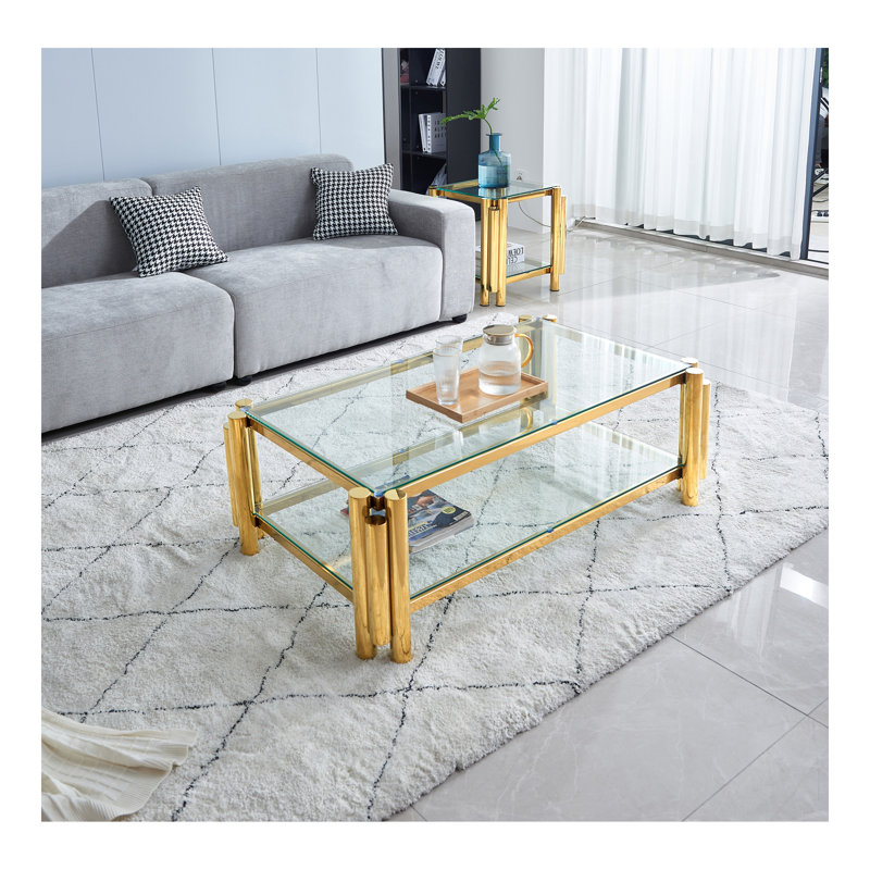Table basse rectangulaire moderne en acier inoxydable de 47 po de largeur, table basse en verre trempé transparent à deux couches, table centrale avec rangement, pour le bureau à domicile, assemblage facile, or