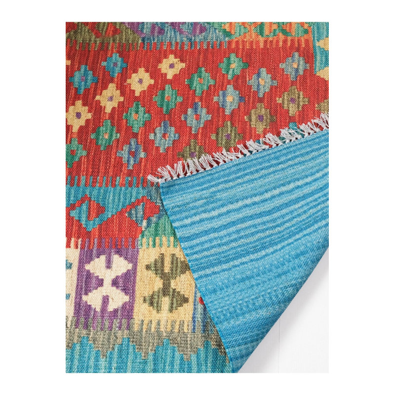 Tapis authentique à motifs multicolores en coton vert, Tapis de couloir 2 pi 8 po x 9 pi 11 po