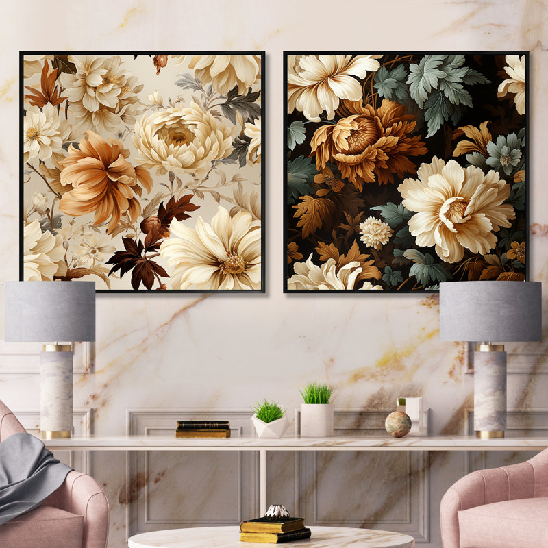 Rustic Brocade Elegance Victorian Motif III - Ensemble de 2 collages carrés floraux, Cadre flottant noir, H 16 po x l 33 po