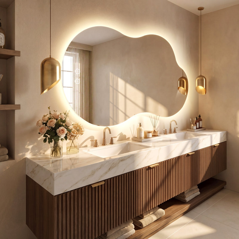 Miroir de salle de bain asymétrique certifié UL / ETL en forme de nuage avec rétroéclairage, antibuée, éclairage 3 couleurs, gradation continue, verre trempé, garantie de 3 ans