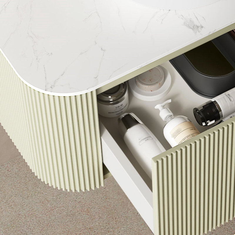 Meuble-lavabo de 30 po avec lavabo rond en céramique blanc et motif de pierres, armoire rayée 3D, pré-assemblé, rangement spacieux, système de fermeture en douceur