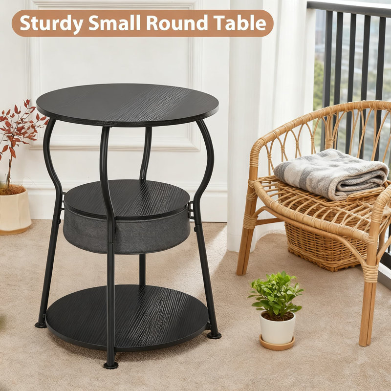 Table de bout ronde à 3 niveaux avec panier de rangement | Petite table d'appoint de style rétro pour le salon, la chambre à coucher et les petits espaces | Cadre en métal durable avec tablettes réglables