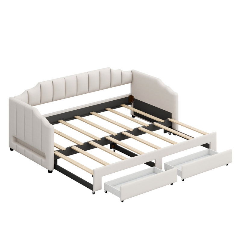 Lit de jour rembourré extensible avec deux tiroirs de rangement et lumière DEL, Beige