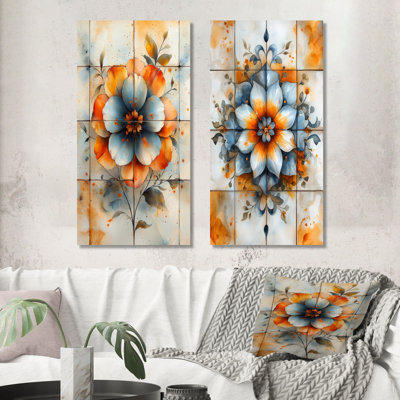 Orange Blue Azulejo Artistry Boho Tiles I – Scenic Metal Wall Decor Set of 2 Prints