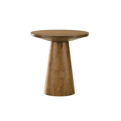 20 po Console ronde en bois d'hévéa et couleur noyer, base à piédestal, style contemporain pour le salon, plateau biseauté, pratique, table à assembler, en diamètre, fabrication,