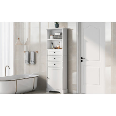 White Cabinet With Adjustable Shelves - 3 Drawers, Smooth Surface, For Different Rooms Tall Drawers , Shelves, A Clean Bathroom