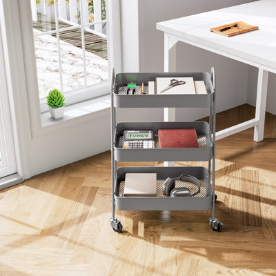 Chariot utilitaire roulant à 3 niveaux avec roues verrouillables, rangement en métal