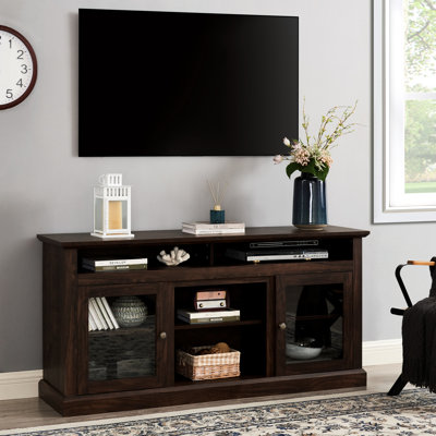 Meuble télé pour téléviseur de 65 po, meuble audio-vidéo de style brun, console multimédia avec passe-pieds, meuble central moderne de 65 po x 65 po x 15,62 po, options de rangement, l 60 po x P 15,62 po x H 29 po