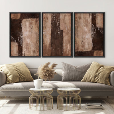 Vintage Industrial Brown Neutral Abstract Triptych – Pictures Extra Large Framed Canvas Print 3 Pieces Wall Art