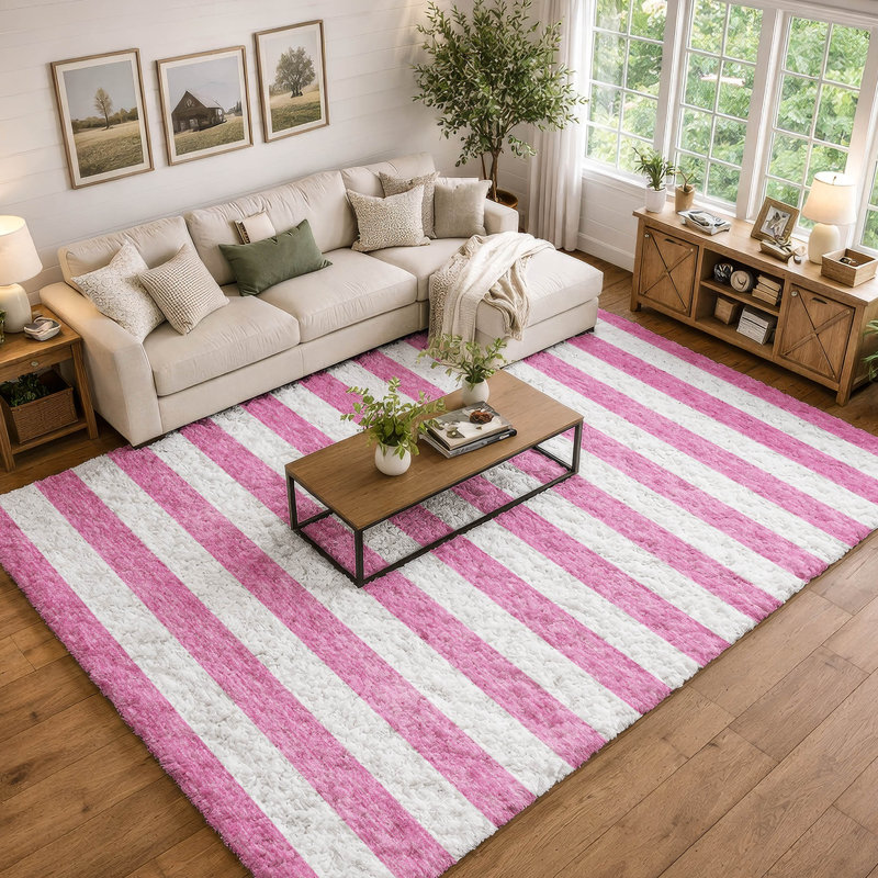 Premium Machine Washable Dream Shag ADS528 Striped Rug, 8' x 10', Pink