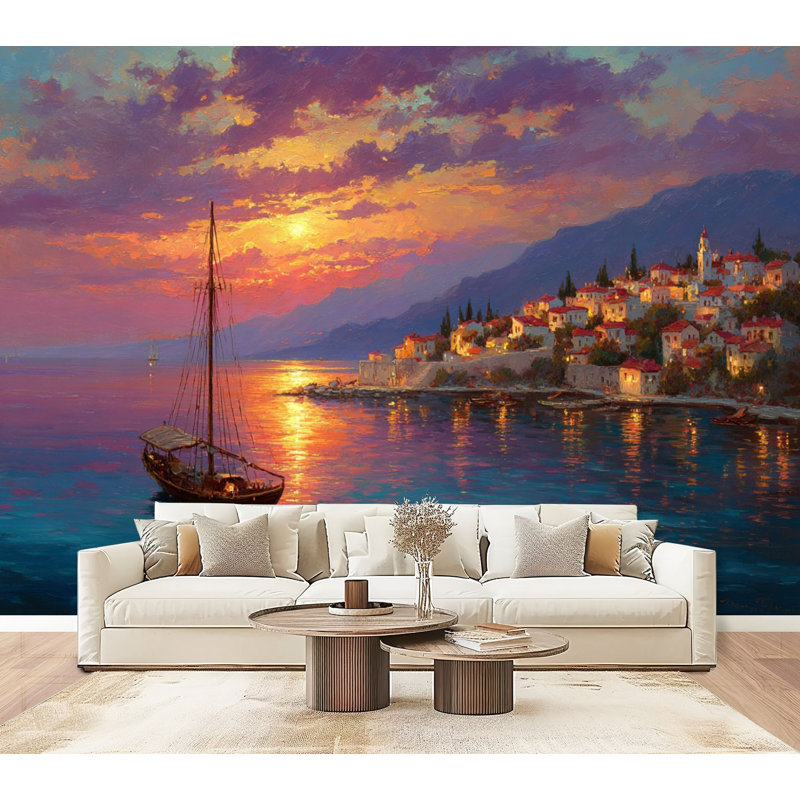 Papier peint auto-adhésif Méditerranée Harbour Ocean Europe, L 96 po x l 69 po