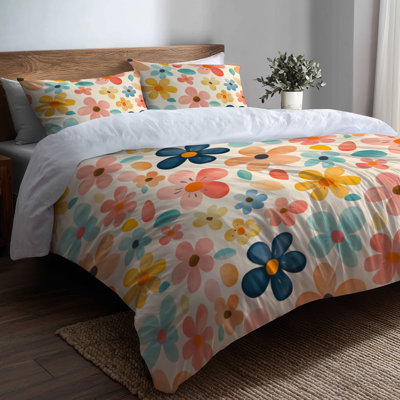 For Teenagers Retro Florals Bedding Set of 6 - Vintage Mid Century Retro Flowers Twin With Shams And Throw Pillows