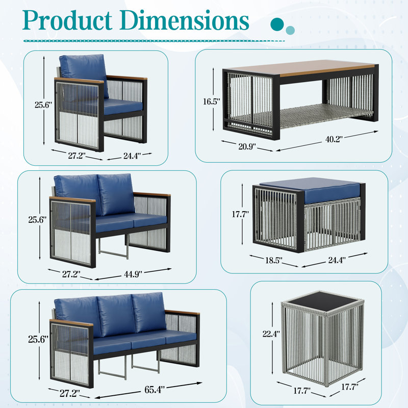 Canapé modulaire d'extérieur avec conversation 6 pièces avec repose-pieds et table basse 6 pièces, Bleu