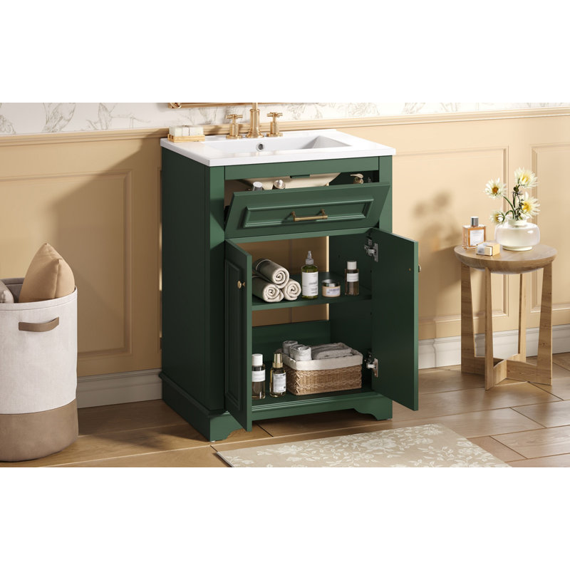 Meuble-lavabo 24 po avec lavabo en céramique intégré, armoire de salle de bain avec 2 portes, 1 tiroir basculant, meuble-lavabo simple pour petite et moyenne salle de bain, vert