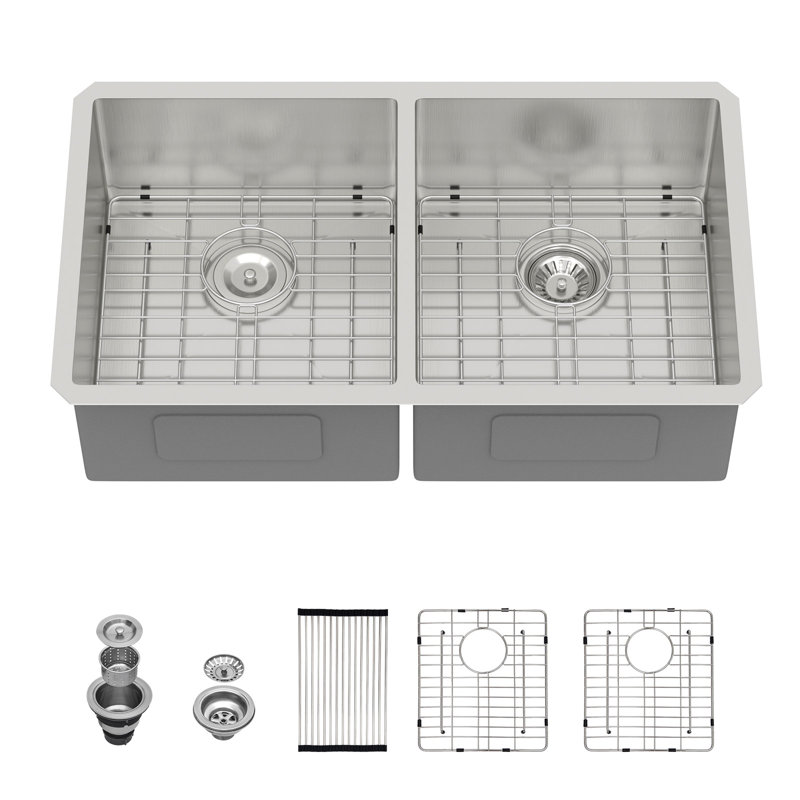 33" L x 19" W Undermount Double Bowl 50/50 Kitchen Sink Double Basin 16 Gauge Stainless Steel Sink