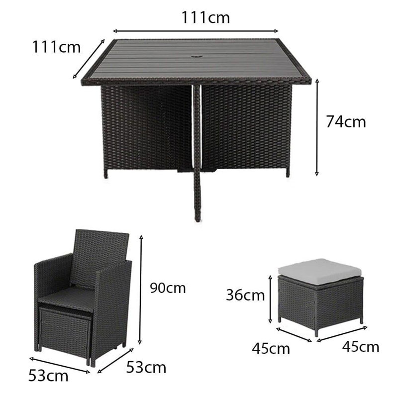 Quinden All Weather Wicker/Rattan 8 - Person with Cushions & Parasol, Black, Cream