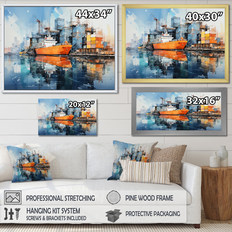 Port Industrial Reflections - Nautical & Beach Wall Art Prints, H 34 po x l 44 po x P 1,5 po, Cadre photo noir