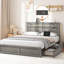 Structure de lit double avec tête de lit avec rangement et 4 tiroirs, éclairage à DEL, surface en grain de bois rustique, base à lattes en métal, support de matelas antidérapant pour chambre à coucher, utilisation