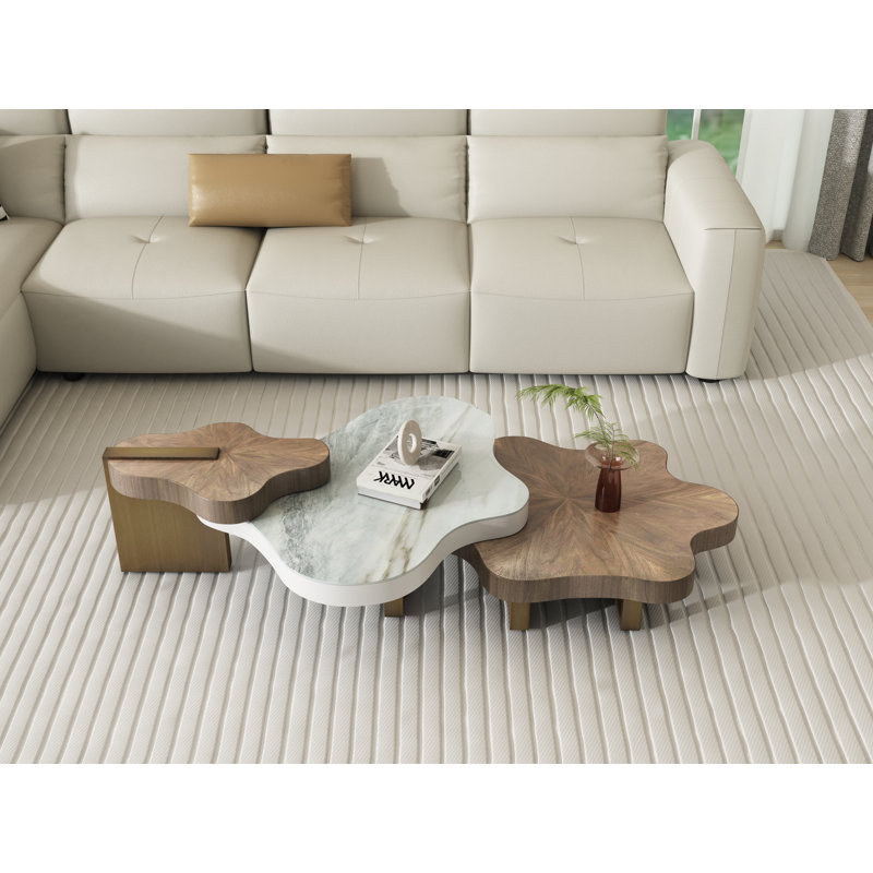 Italian Minimalist Irregular  3-set resistant Nesting Coffee Tables, 15.7" H x 63" L x 39.37" D
