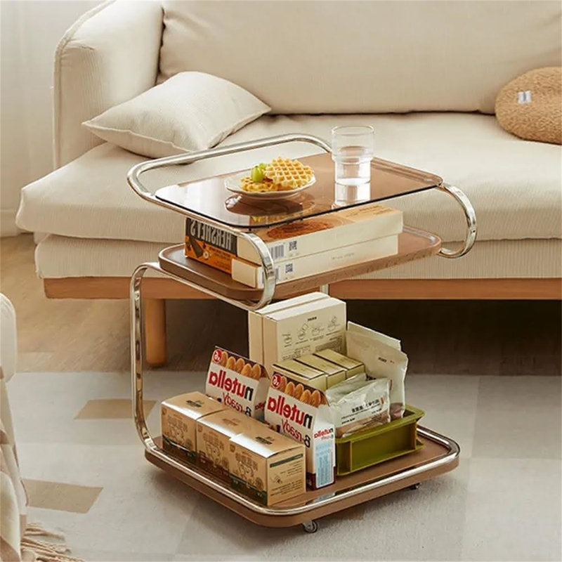 3-Layer Sofa Small Side Table, Wooden Bedside Table Snack Side Table With Storage Rack, Household Side Table Trolley With Wheels Living Room Antique Sofa Coffee Table Corner Table