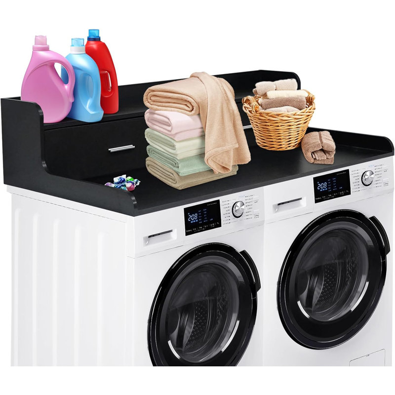 2-Tier Washer Dryer Countertop With 2 Drawers, Wood Laundry Countertop With 2.75" H Edge Rails, Waterproof Washer Dryer Cover With Anti-Slip Pads For Laundry Room Organization And Storage