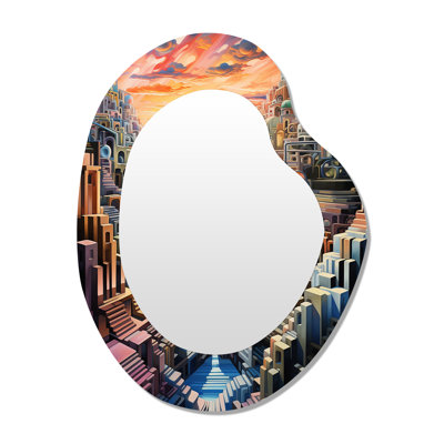 Geometric Future City River - Waves Unique Shape Mirror, Orange Asymmetrical Unique Wall Mirror, Printed Metal Art