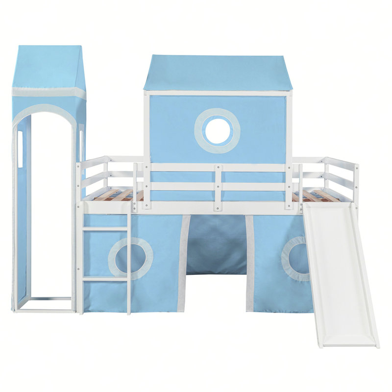 Lit mezzanine avec tente coulissante et tour, Bleu