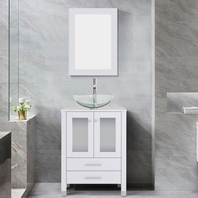 Meuble-lavabo simple 24 po avec plateau en bois , lavabo vasque, robinet en alliage de zinc, Blanc