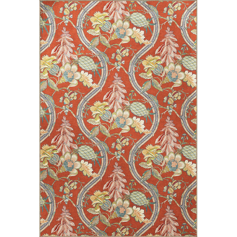 Tapis décoratif rouge à motif floral rouge rétro à motif lavable à la machine, Tapis de couloir 3 pi 3 po x 6 pi 7 po