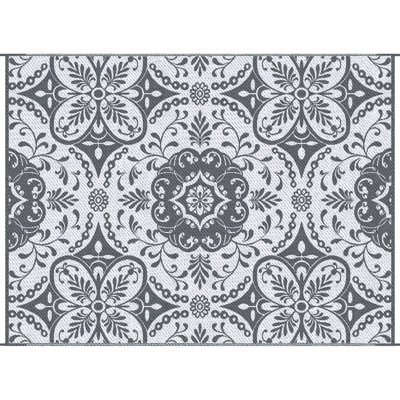 9' X 12' Outdoor Rug, Waterproof And Reversible For Deck, Picnic. Gray & White Floral, With Portable Shoulder Bag 12', Floral. For Beach, Backyard, Picnic, Rv Camping. Reversible, Carry Bag, To Wear
