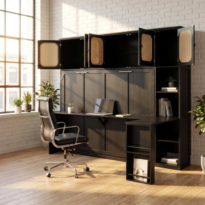 Black Full-size Murphy Bed With A Desk And Rattan Cabinet, Suitable For Home And Office Use
