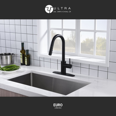 Euro Collection High-Arc Single Handle Kitchen/Bar Faucet with 2-Function Pull-Down Spout Sprayer - Matte Black