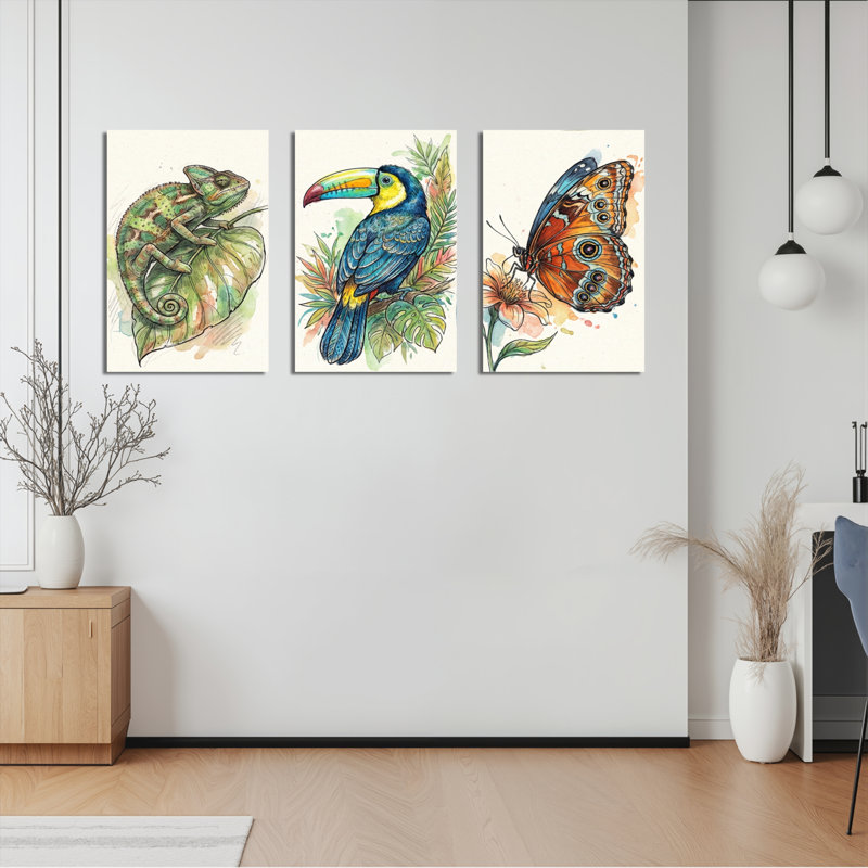 Caméléon, toucan et papillon, art mural sur toile tendue, ensemble de 3 animaux tropicaux, H 30 po x l 60 po