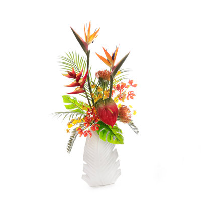 Tropical Flower Arrangement in White Leaf Vase