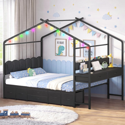 House Bed with Desk,Full Kids Bed with Globe String Lights,8 Storage Drawers, Side Desk,Easy Assembly,Unique House Roof Frame ,Space-Saving All-In-One Kids Bed