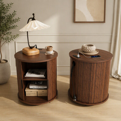 Set of 2 Mid Century Modern Cylinder End Tables with Built-in Charging Station & Sliding Door, 2-Tier Storage Round Nightstands with USB Ports, Walnut