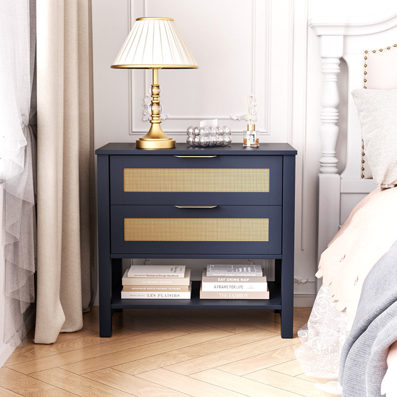 Table de chevet étroite en rotin avec 2 tiroirs et tablette de rangement Boho, Bleu très foncé