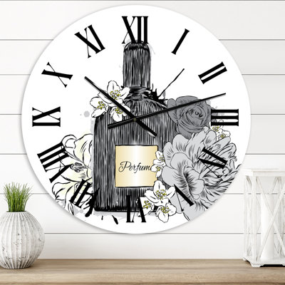 Bouteille de parfum et bouquet de fleurs III - Horloge murale traditionnelle
