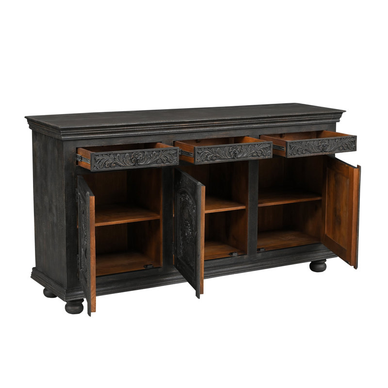 Buffet en bois massif sculpté Harleen, L 81 po, Noir