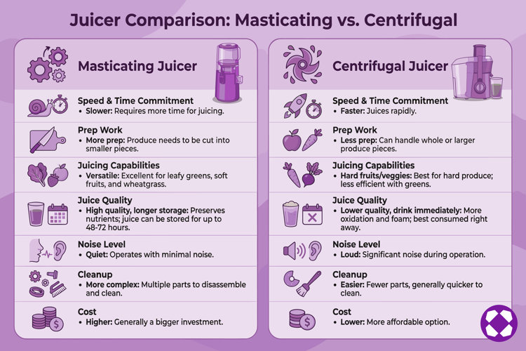juicer comparison chart outlining the differences between masticating juicers and centrifugal juicers, including factors like speed, prep work, and juice quality