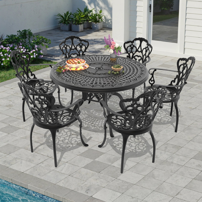 Hedda 47.24 -inch Round Table Cast Aluminum Outdoor Dining Set with Umbrella Hole and Beige Cushions, 6
