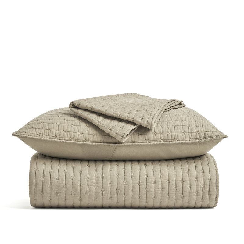 Cross Stitch Cotton Quilt set, King + 2 Shams, Khaki Tan