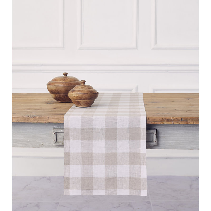 Morgan Check - 100% Pure Linen Table Runner, 108" x 14", Dark Citron/Cream