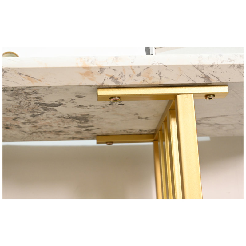 Console moderne de 43,3 pouces avec plateau imitation marbre et table d'appoint en métal doré pour le salon, la chambre à coucher et le vestibule - blanc et or