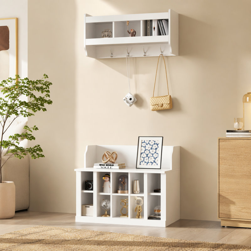 Banc de rangement polyvalent pour chaussures avec crochets et tablettes pour les vestibules, Blanc
