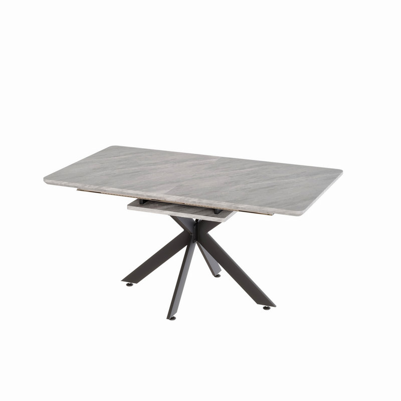 Très grande table de salle à manger extensible moderne de style Mid-Century gris pour la salle à manger, la table de fête, la table de conférence, les pieds en X en métal noir.